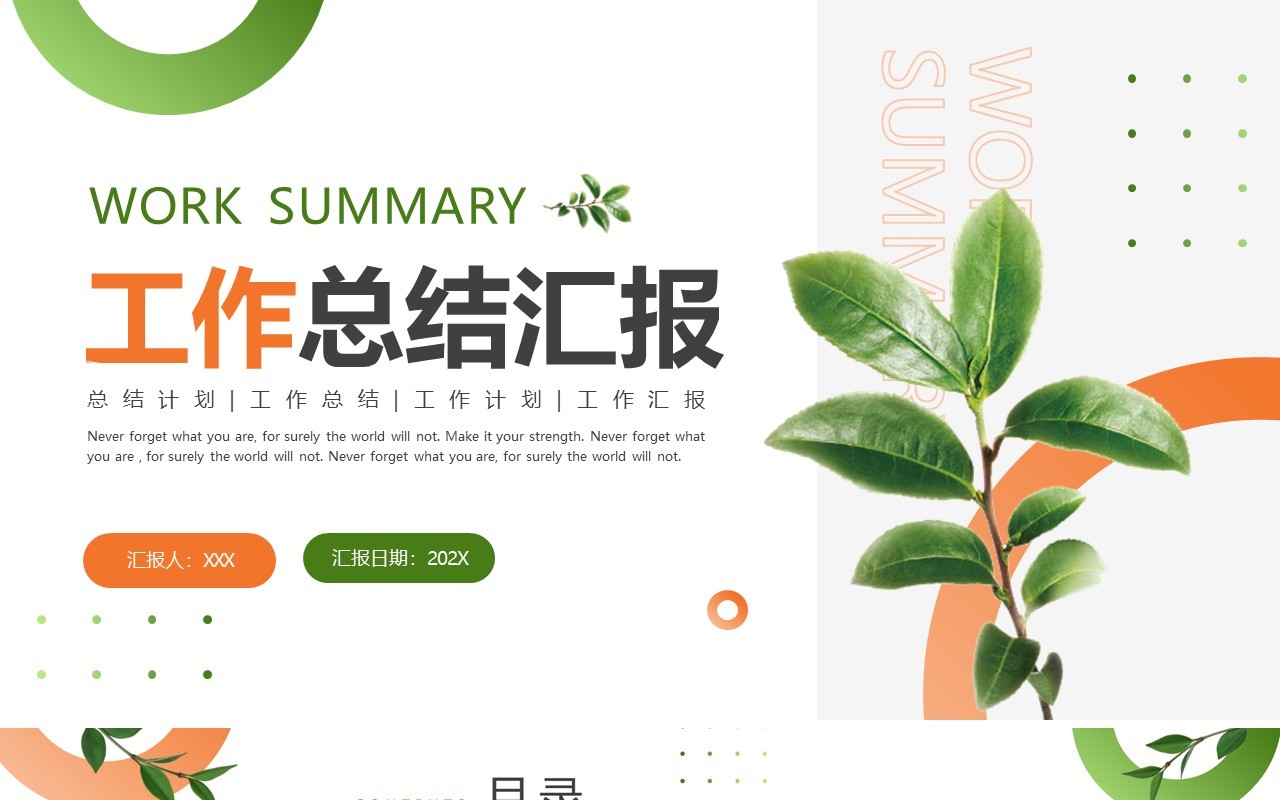 橙绿色清新绿叶风工作总结汇报PPT模板