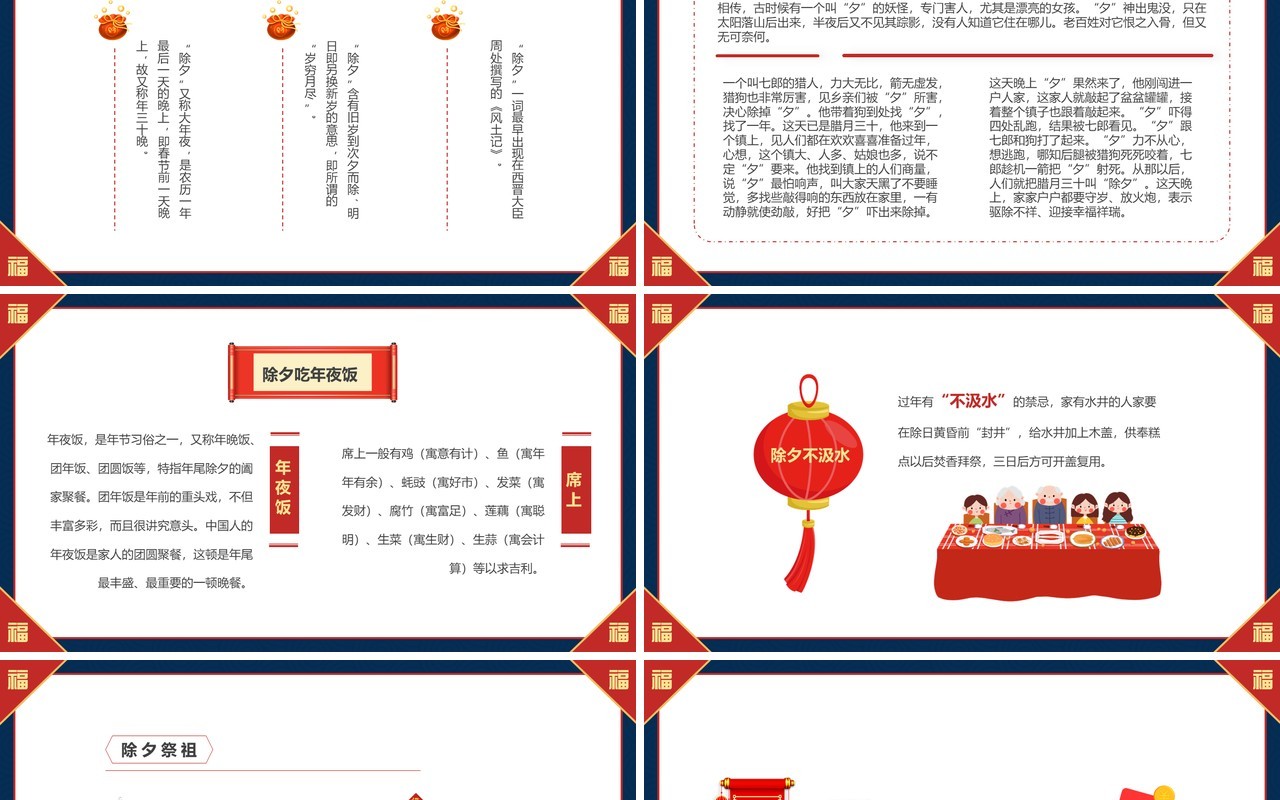 红蓝中国风除夕习俗介绍PPT模板