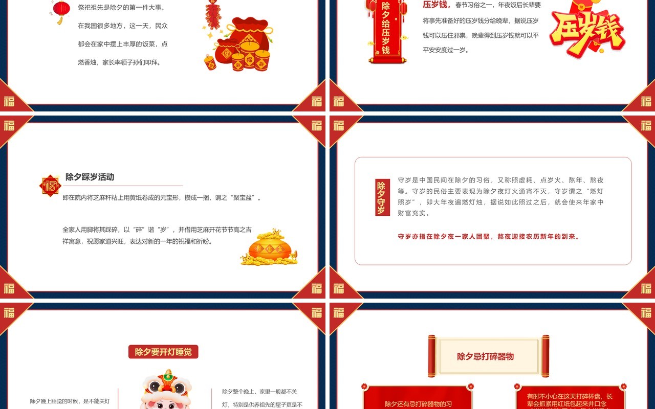 红蓝中国风除夕习俗介绍PPT模板