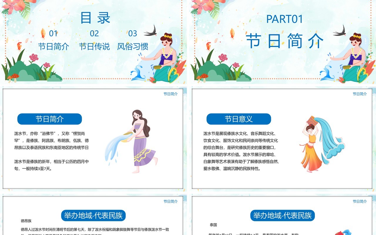 傣族风情泼水节介绍PPT模板