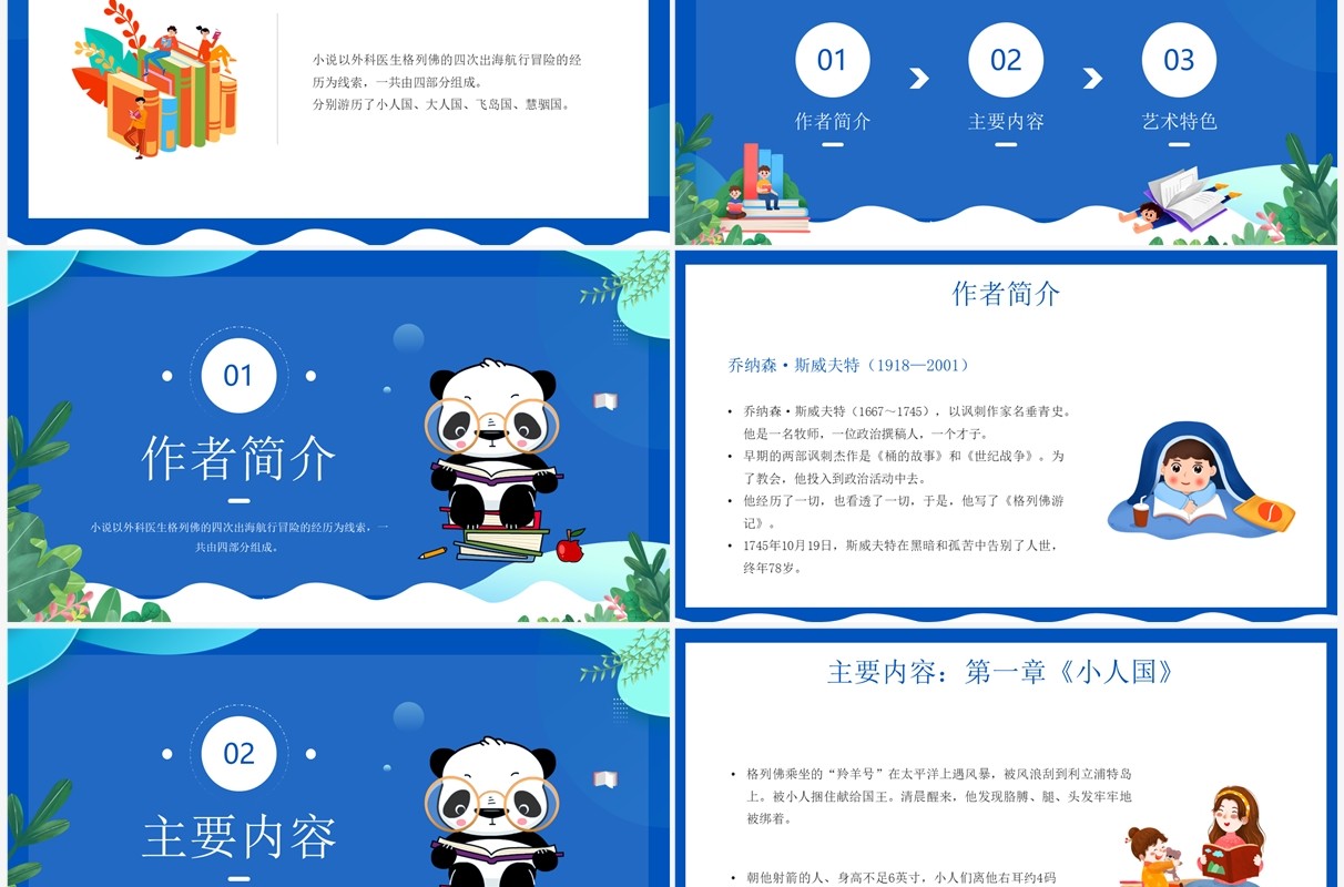 蓝色卡通风格列佛游记读书分享PPT模板