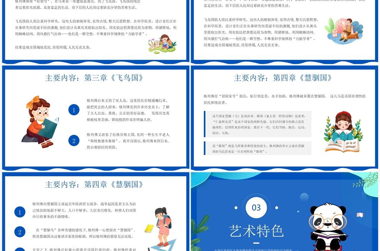 蓝色卡通风格列佛游记读书分享PPT模板