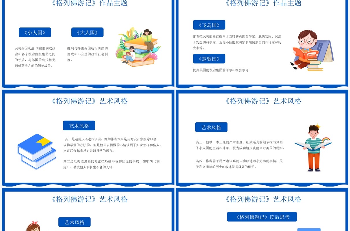 蓝色卡通风格列佛游记读书分享PPT模板