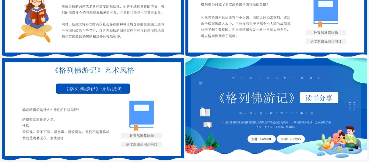 蓝色卡通风格列佛游记读书分享PPT模板