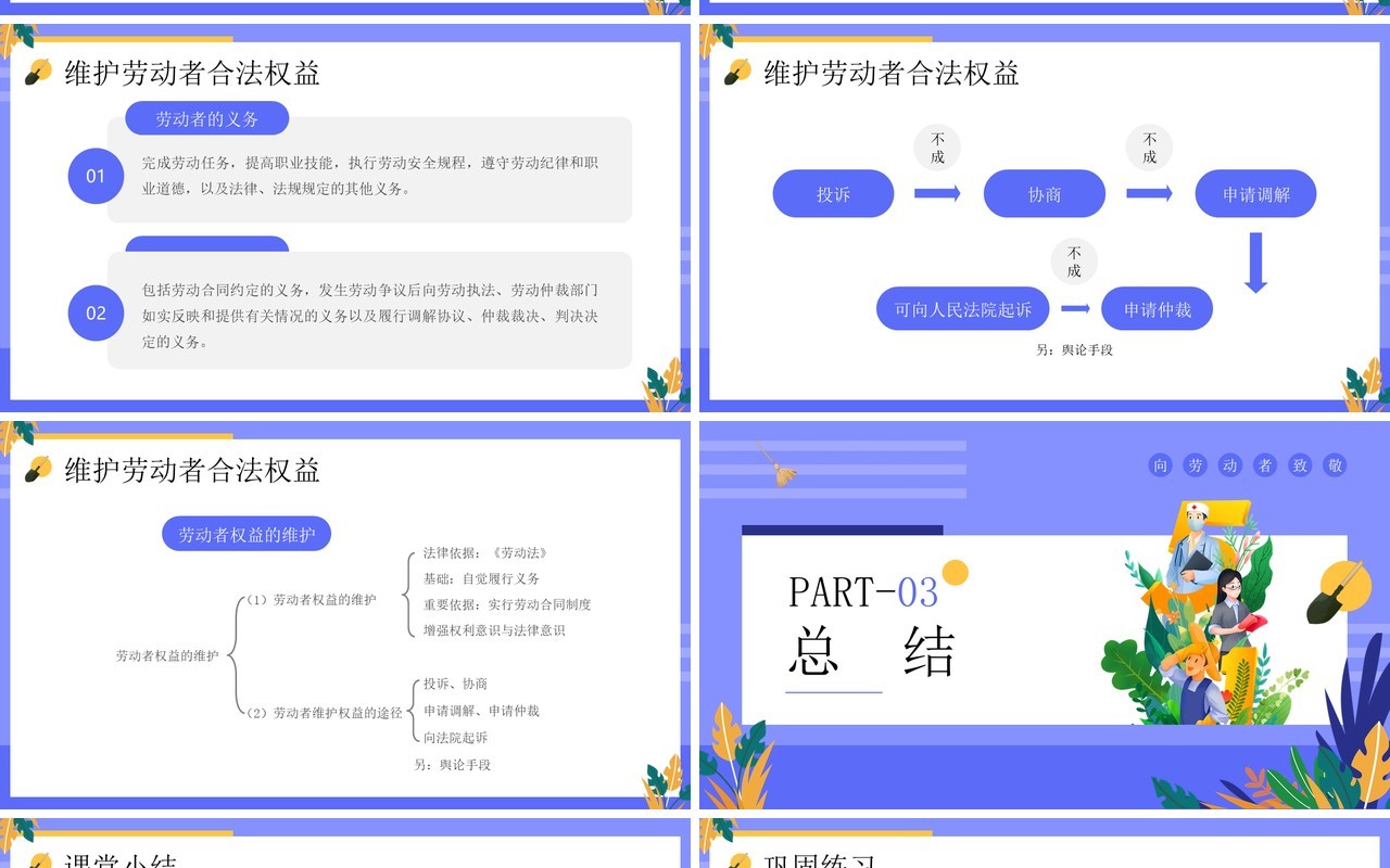 紫色插画风新时代的劳动者PPT模板