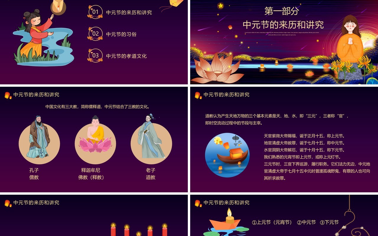 紫色卡通风中国传统节日中元节介绍PPT模板