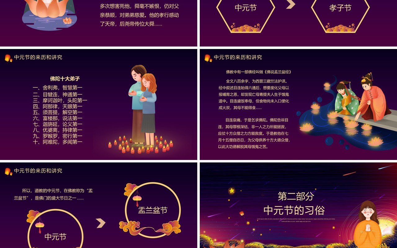 紫色卡通风中国传统节日中元节介绍PPT模板
