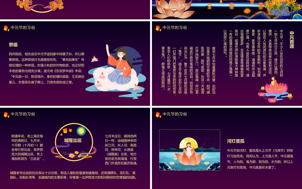 紫色卡通风中国传统节日中元节介绍PPT模板
