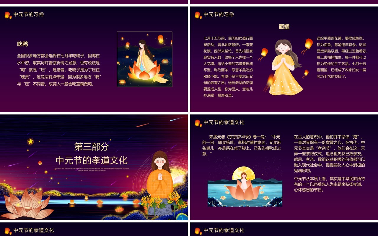 紫色卡通风中国传统节日中元节介绍PPT模板