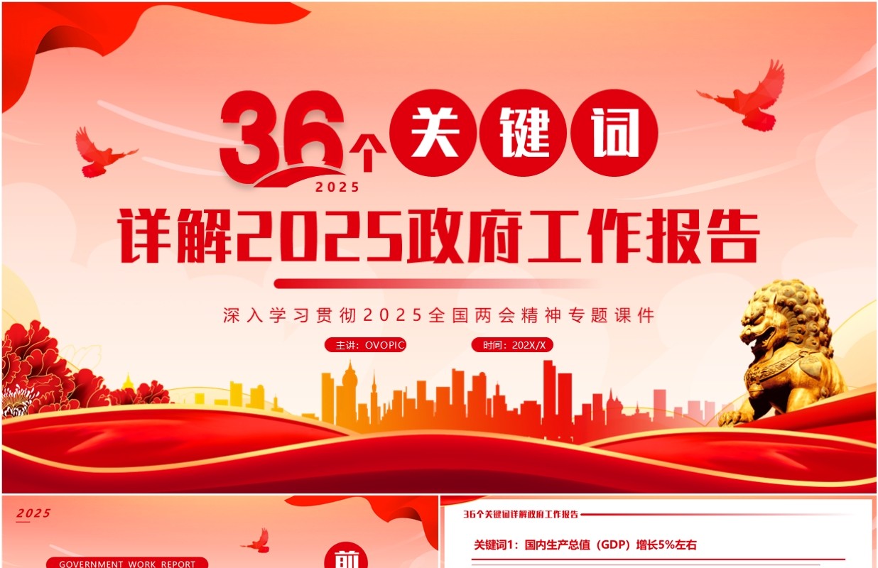 红色简约风2025政府工作报告关键词详解PPT模板