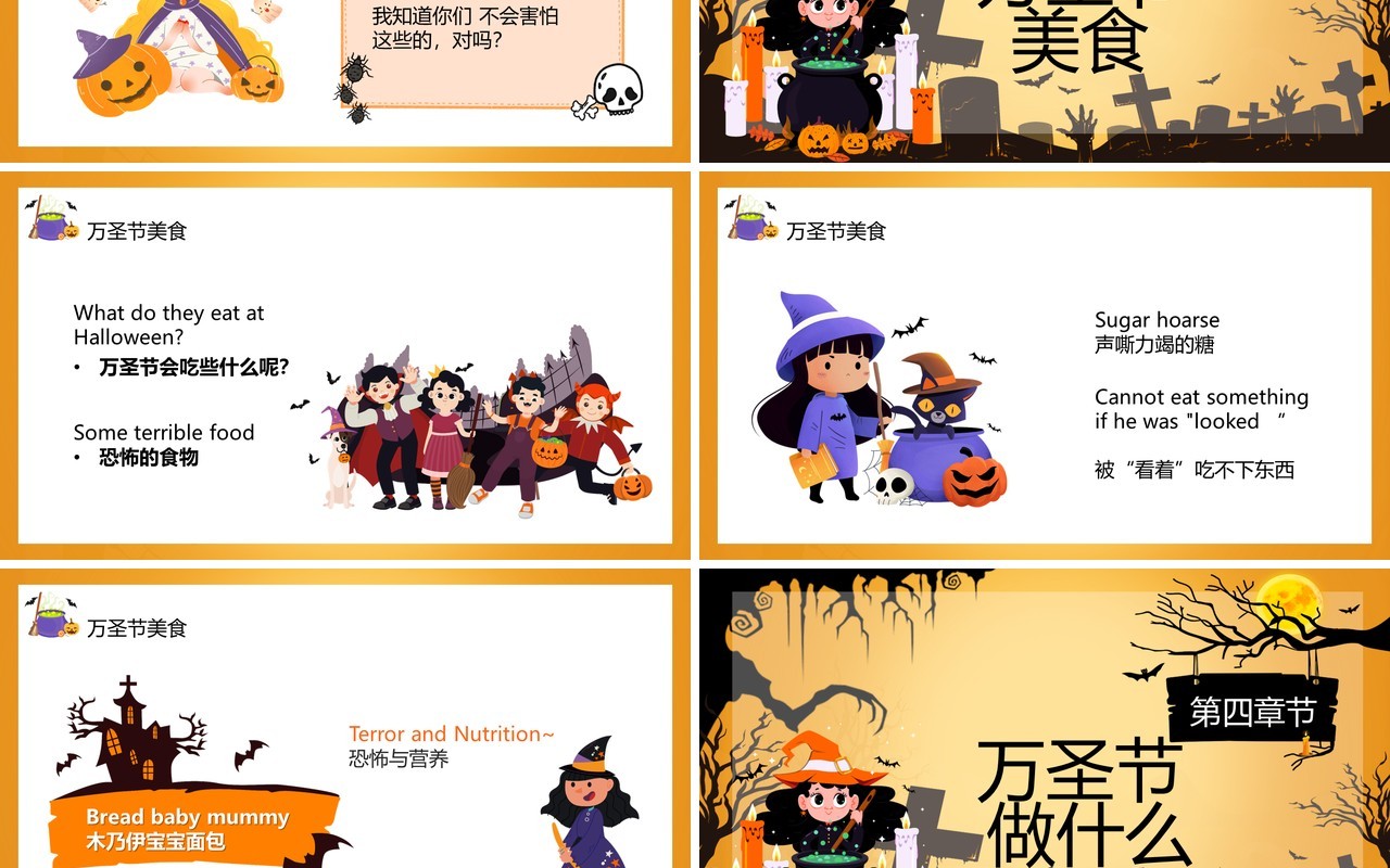 黄色卡通万圣节英语主题班会PPT模板
