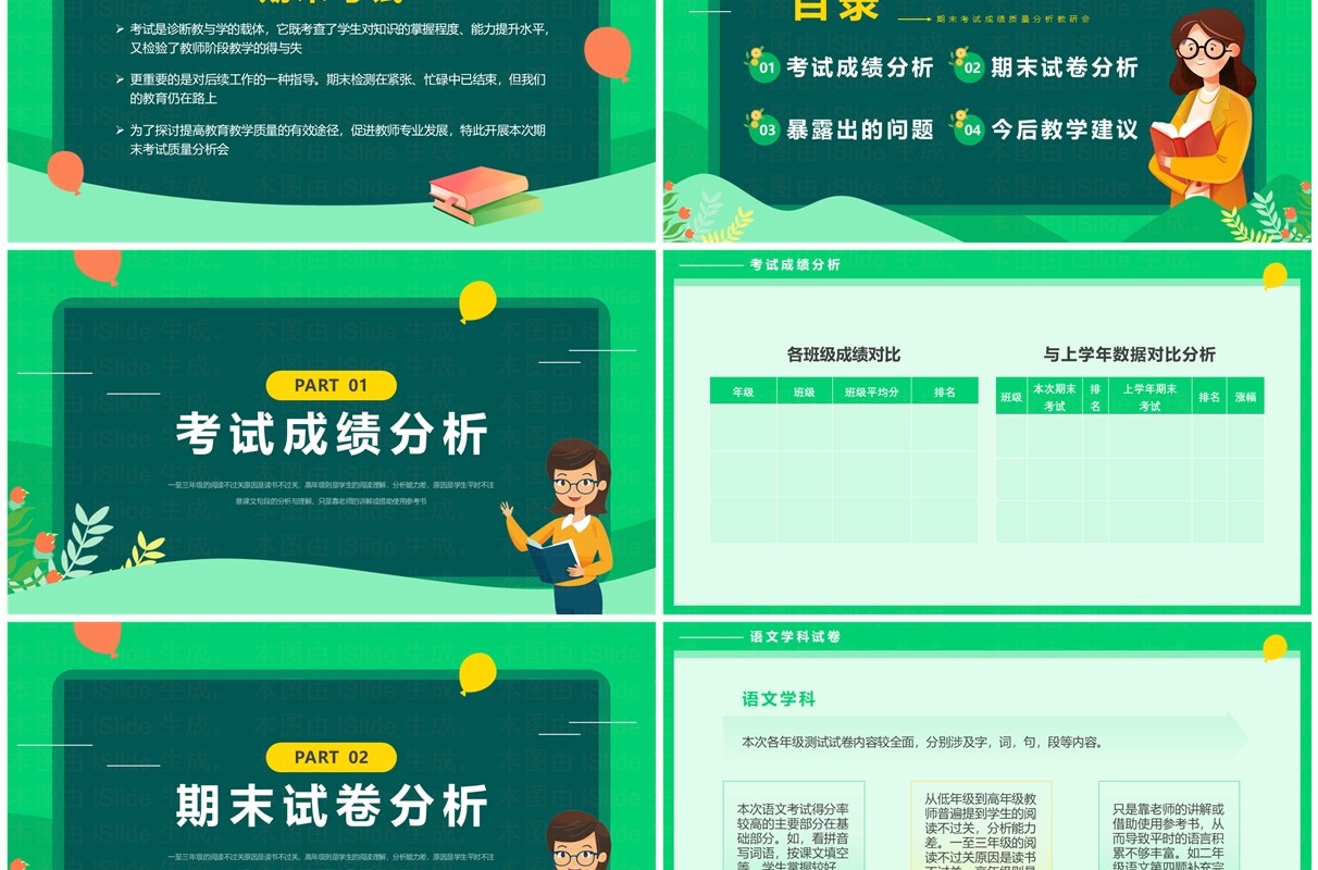 绿色卡通风期末考试成绩质量分析会PPT模板