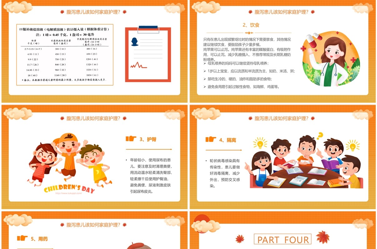 橙色卡通风儿童秋季腹泻防治PPT模板