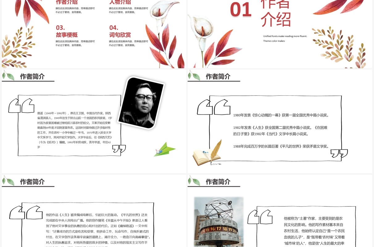 小清新平凡的世界读书分享PPT模板