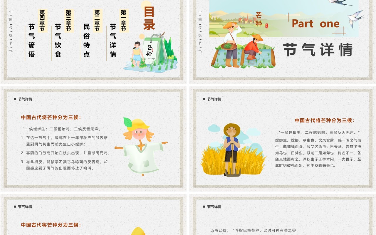 黄色简约卡通风二十四节气之芒种PPT模板