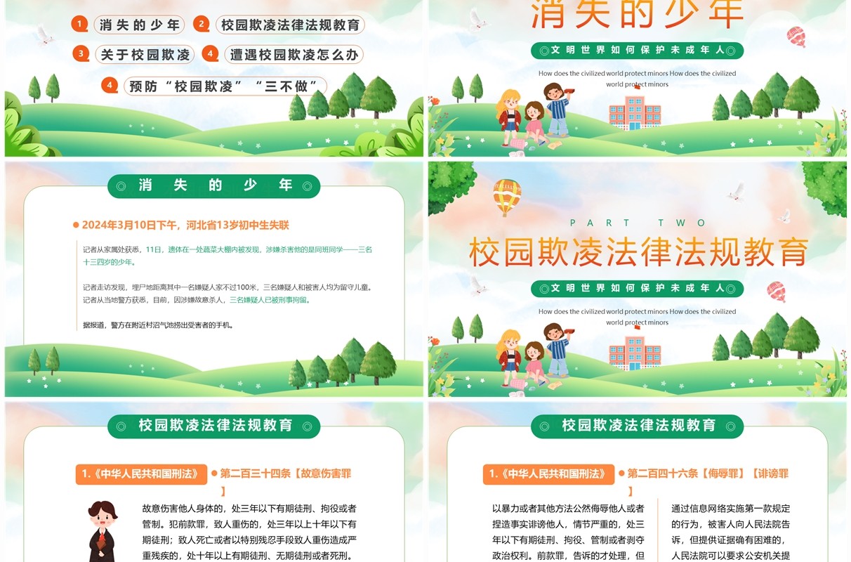 绿色卡通风拒绝校园欺凌教育PPT模板