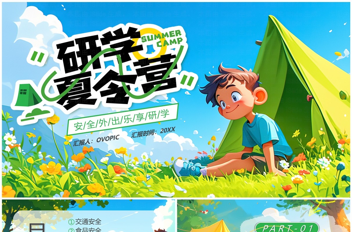 绿色插画风研学夏令营安全培训PPT模板