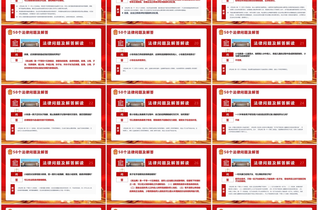 红色党政党建民法典中老百姓最关心的50个法律问题及解答PPT模板
