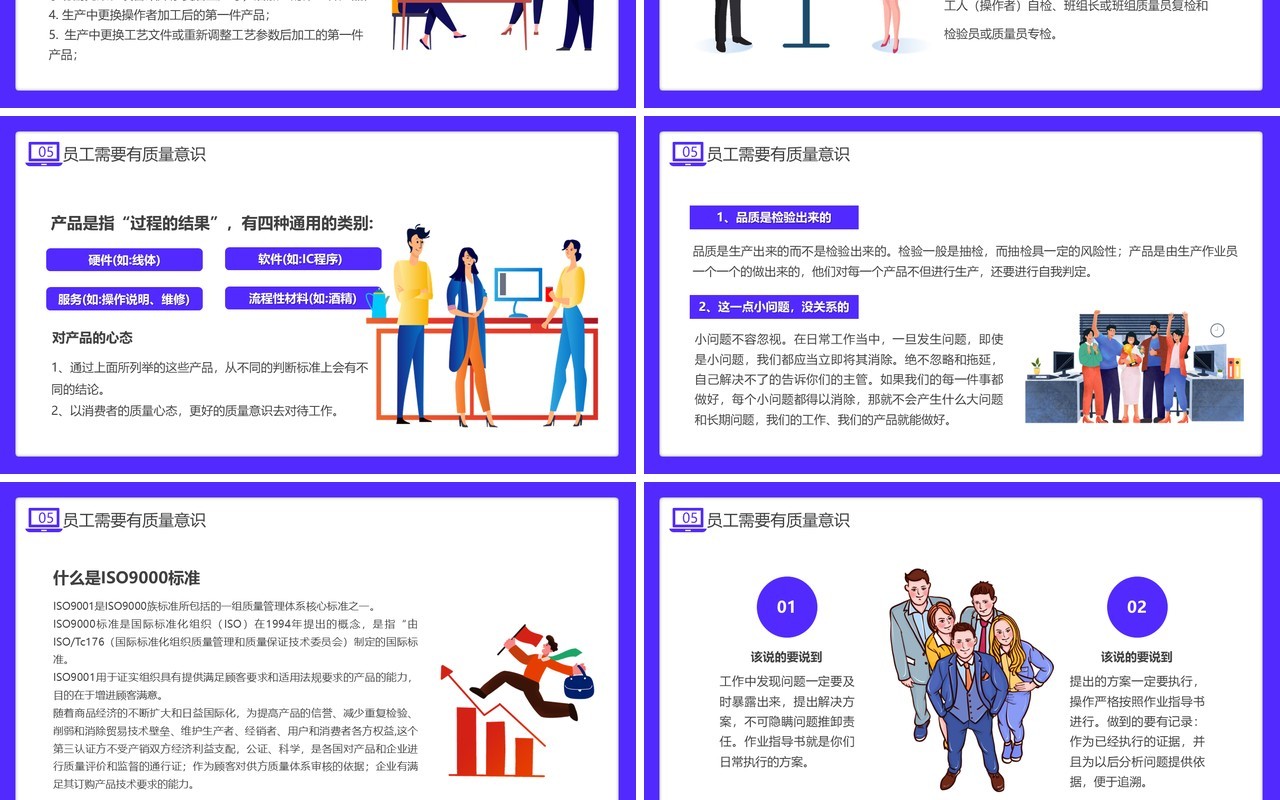 紫色插画风员工质量意识培训PPT模板