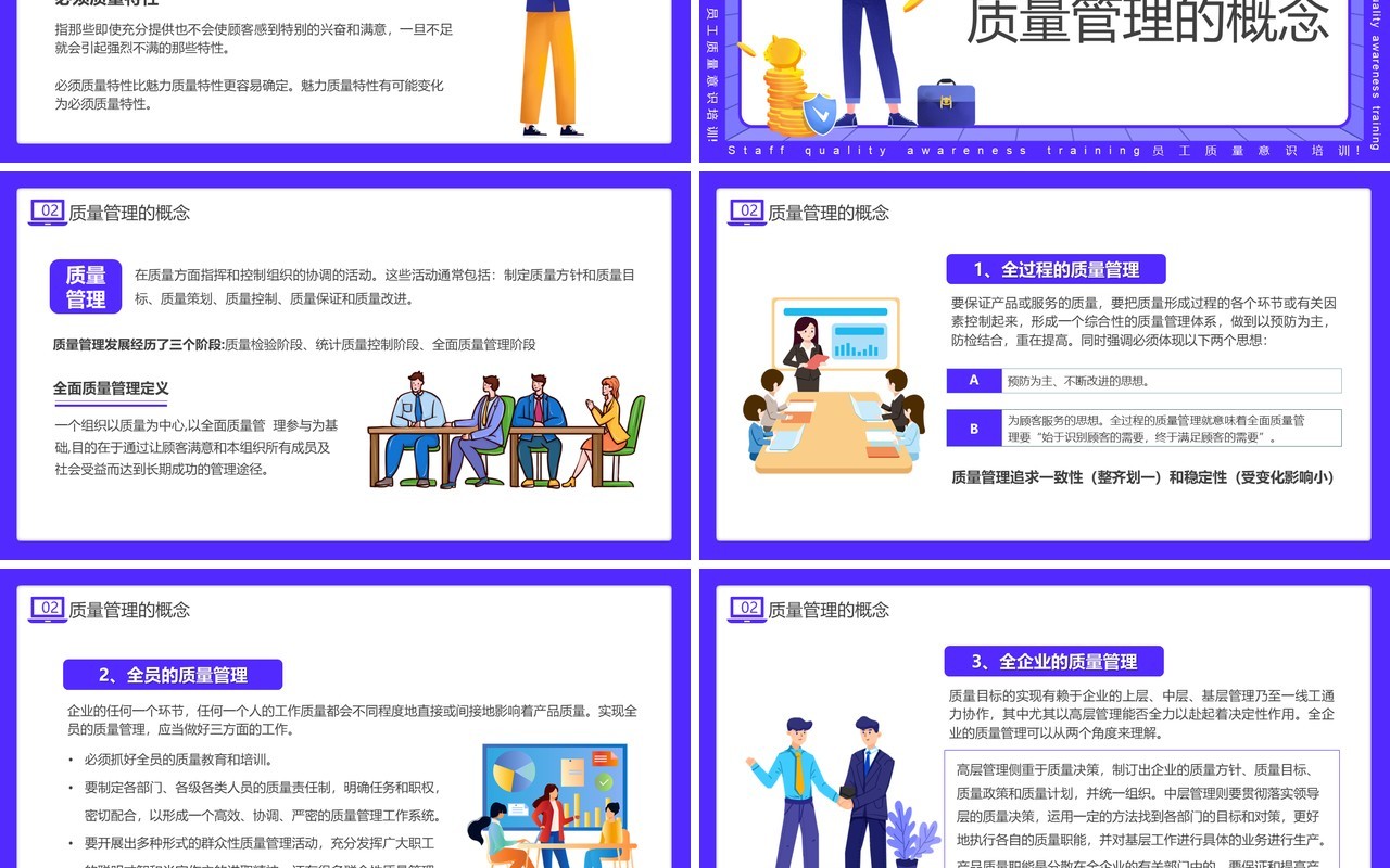 紫色插画风员工质量意识培训PPT模板