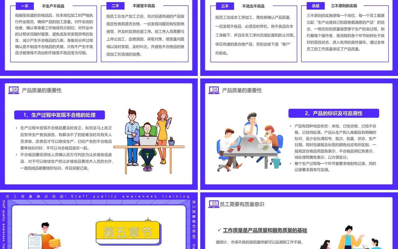 紫色插画风员工质量意识培训PPT模板