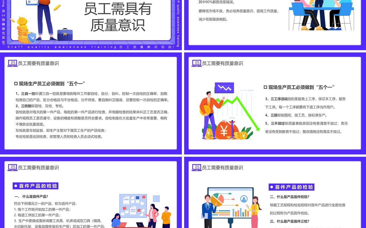 紫色插画风员工质量意识培训PPT模板