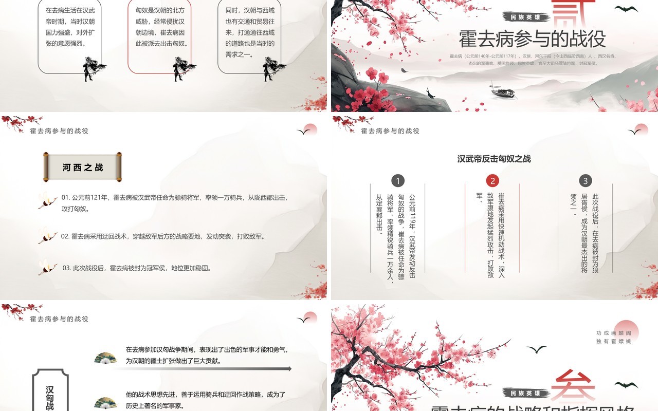 灰色中国风爱国民族英雄霍去病人物介绍PPT模板