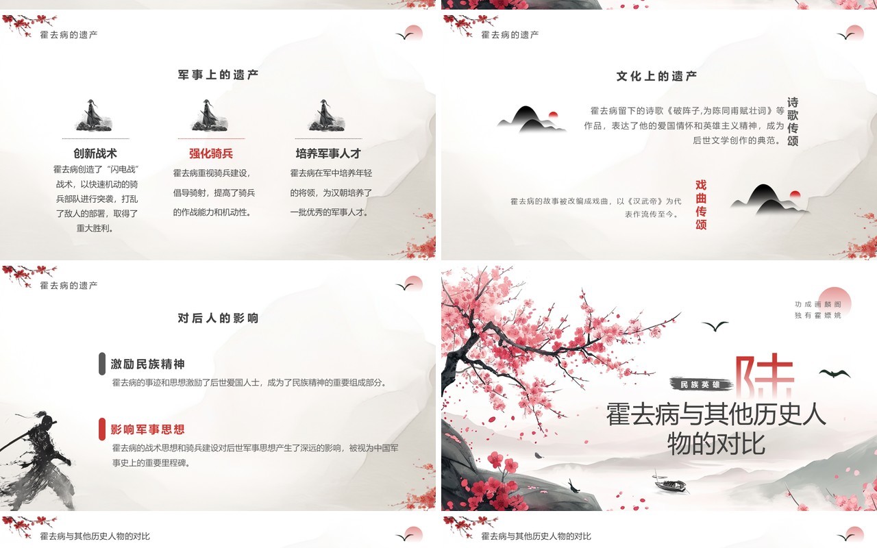灰色中国风爱国民族英雄霍去病人物介绍PPT模板