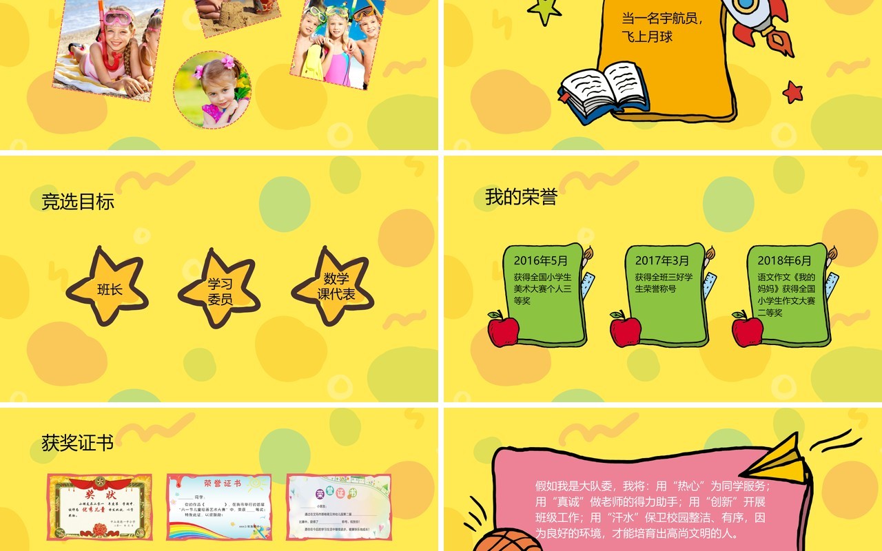 黄色卡通小学生班干部竞选自我介绍PPT模板