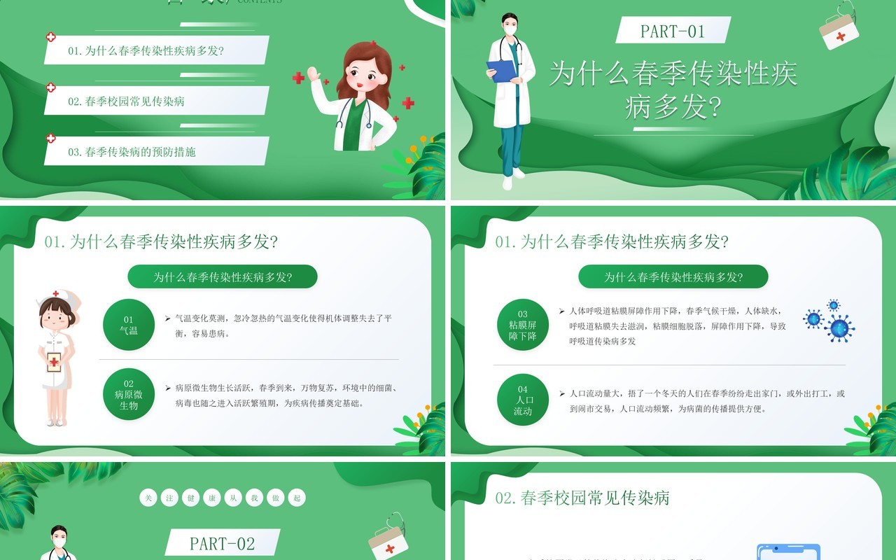 绿色插画风春季传染病预防知识PPT模板
