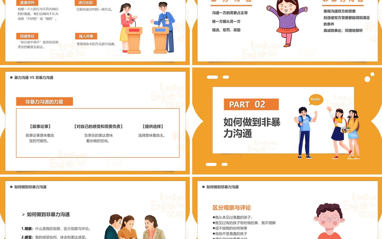 黄色简约卡通风非暴力沟通教育PPT模板