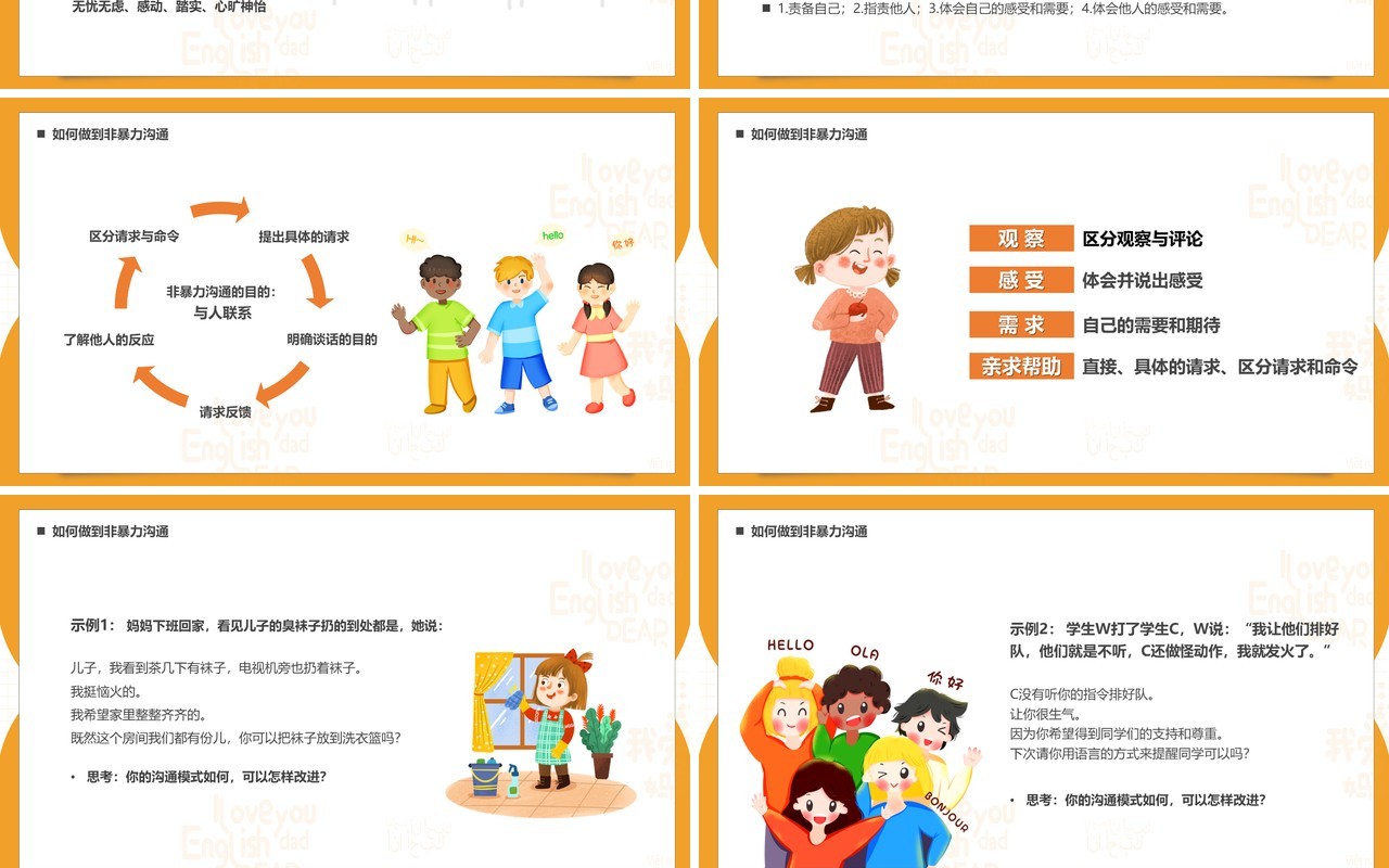 黄色简约卡通风非暴力沟通教育PPT模板