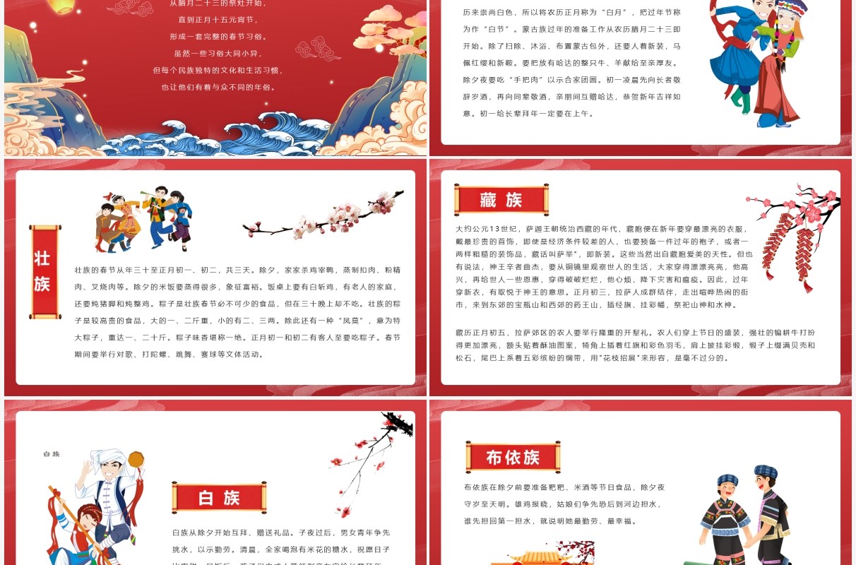 红色国潮风少数民族春节习俗介绍PPT模板