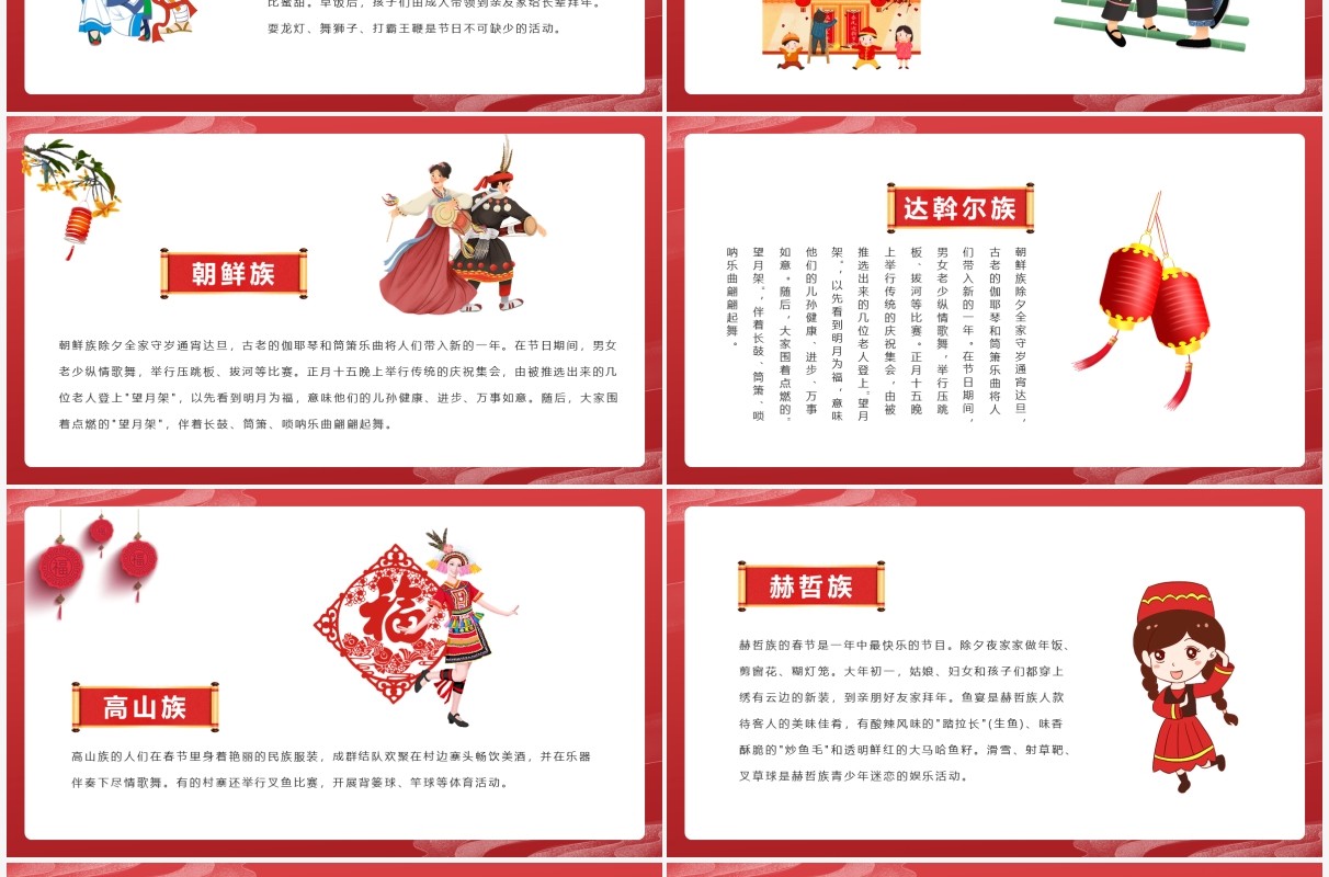 红色国潮风少数民族春节习俗介绍PPT模板