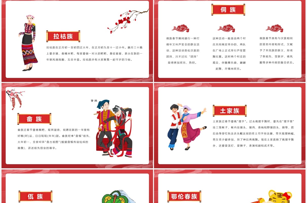 红色国潮风少数民族春节习俗介绍PPT模板