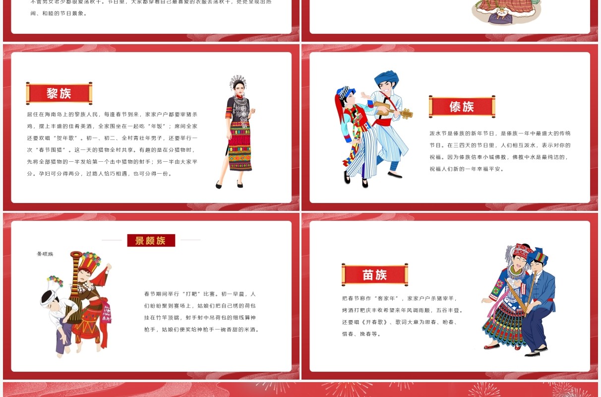 红色国潮风少数民族春节习俗介绍PPT模板