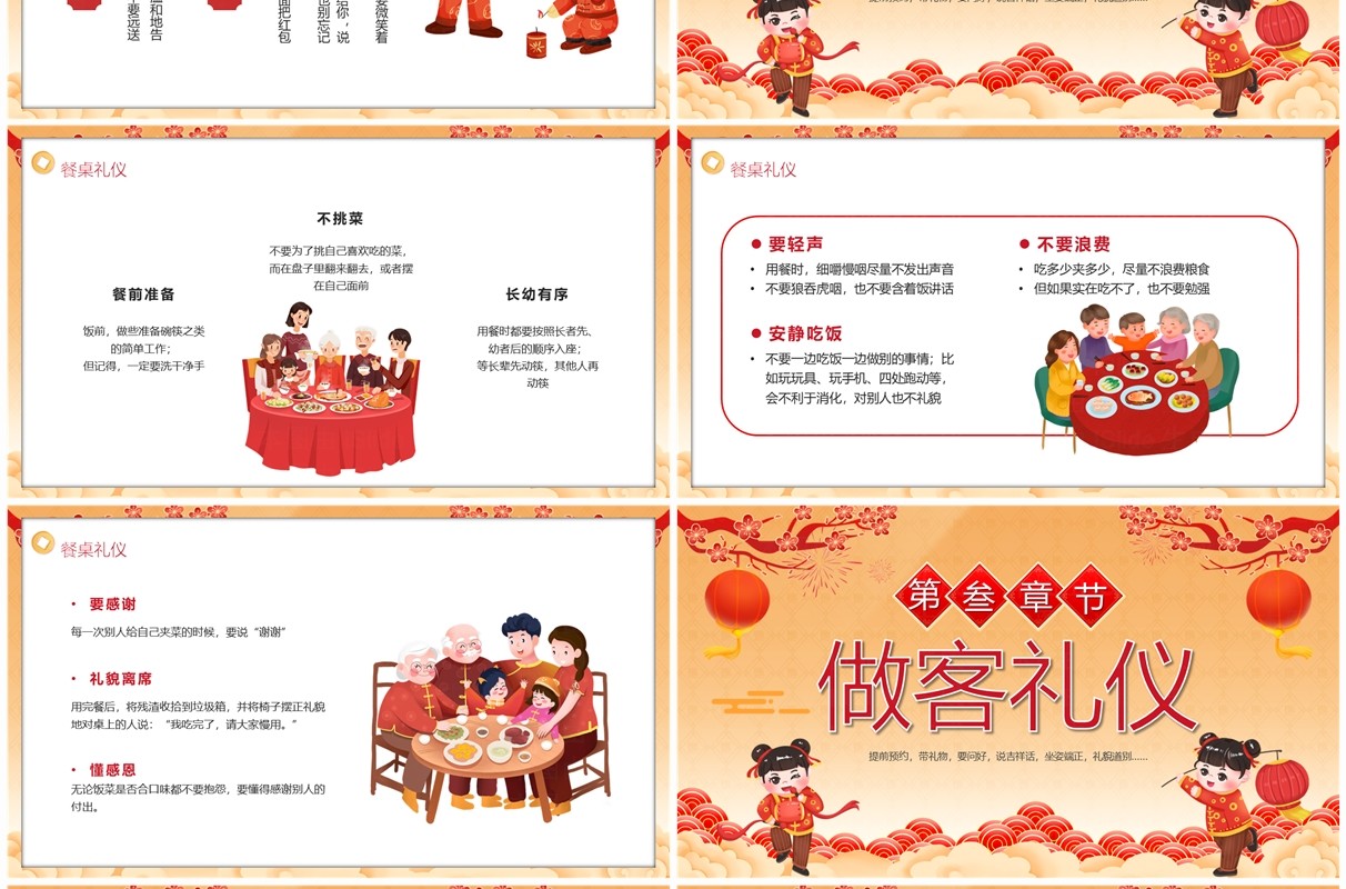 橙色中国风春节到礼仪伴PPT模板