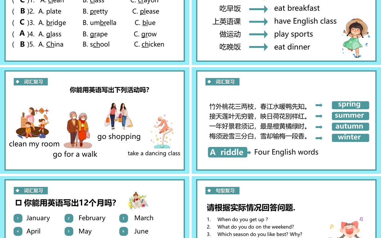 人教版五年级下册单元复习Review Recycle 1英语课件PPT模板