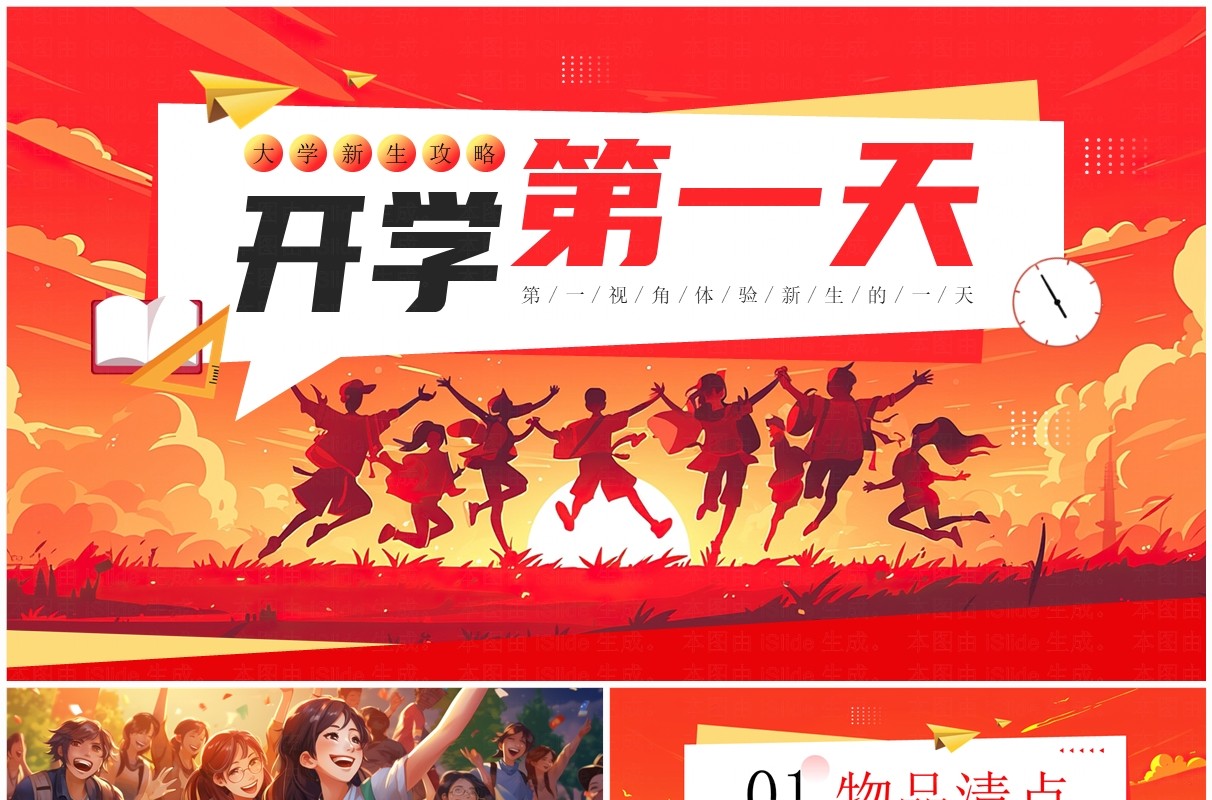 红色插画风大学开学第一天新生攻略PPT模板