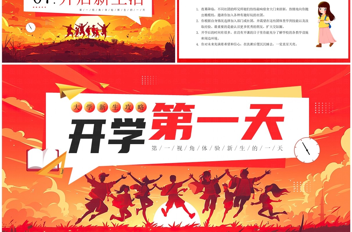 红色插画风大学开学第一天新生攻略PPT模板