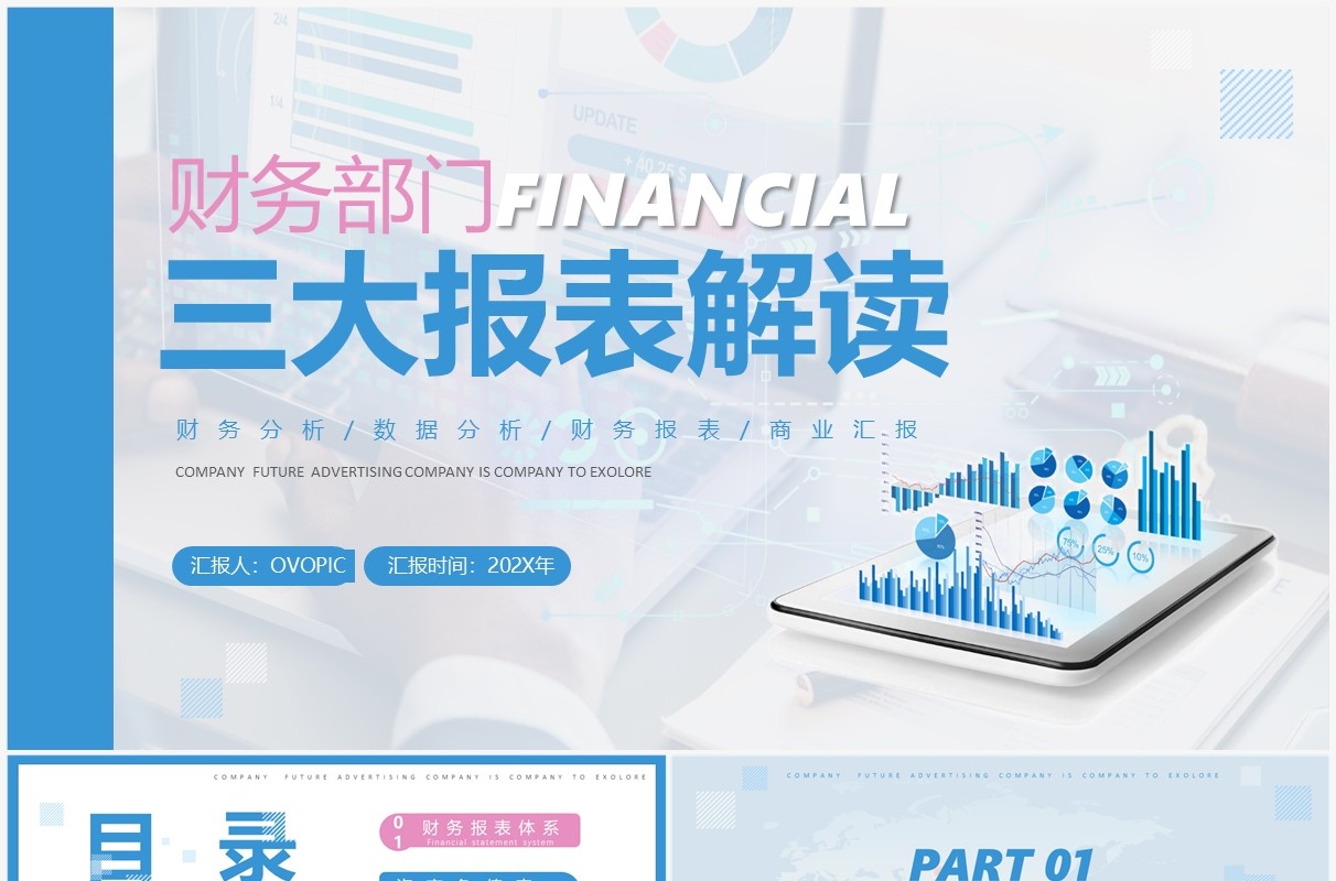 蓝粉色商务风三大报表解读PPT模板
