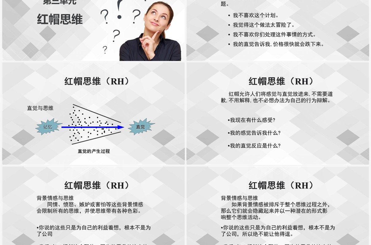 灰白色简约冯六顶思考帽工作培训PPT模板
