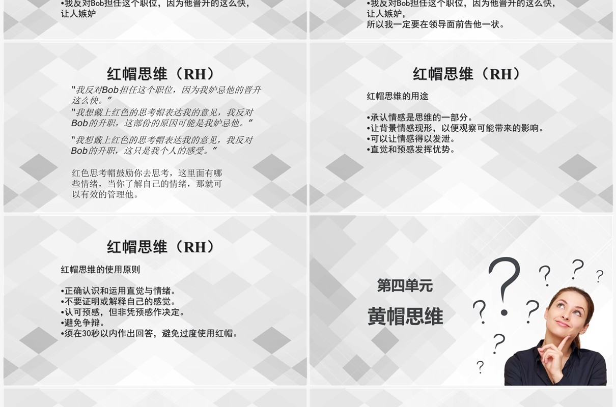 灰白色简约冯六顶思考帽工作培训PPT模板