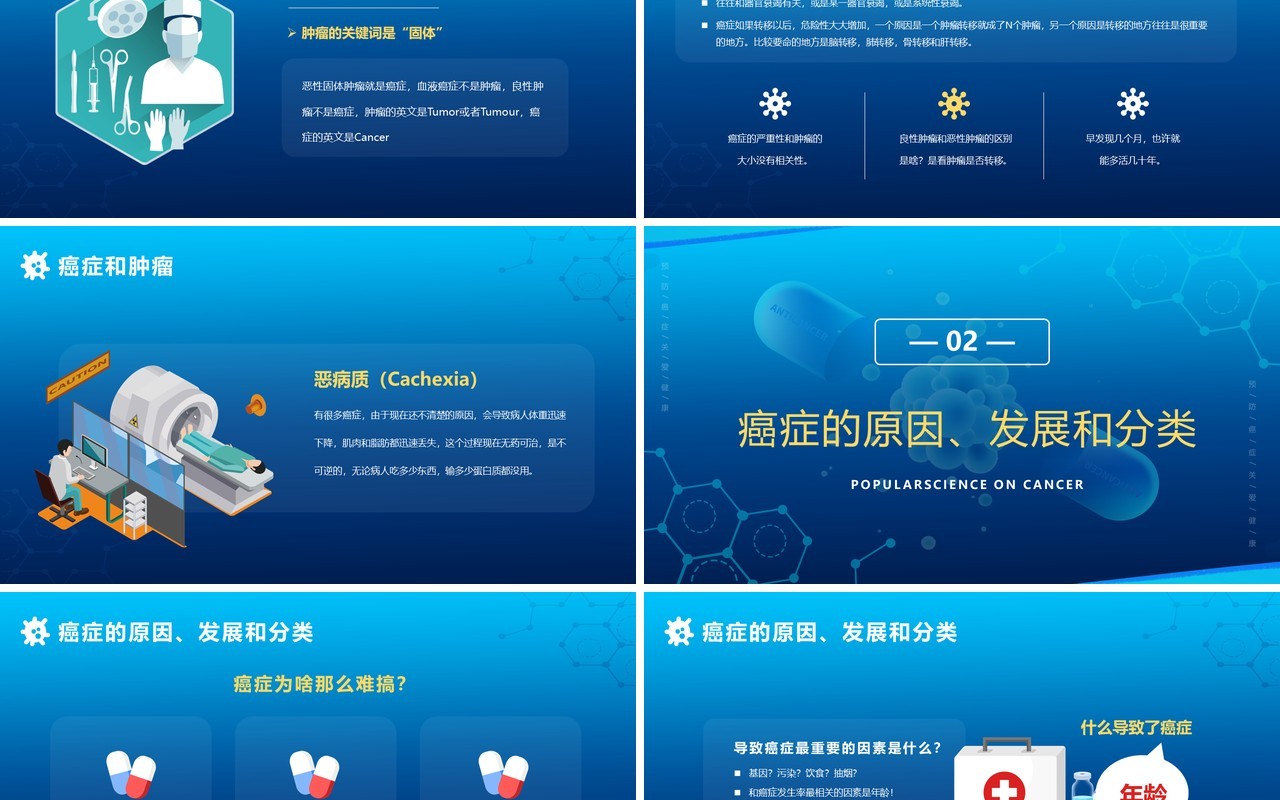 蓝色简约卡通关于癌症的科普PPT模版