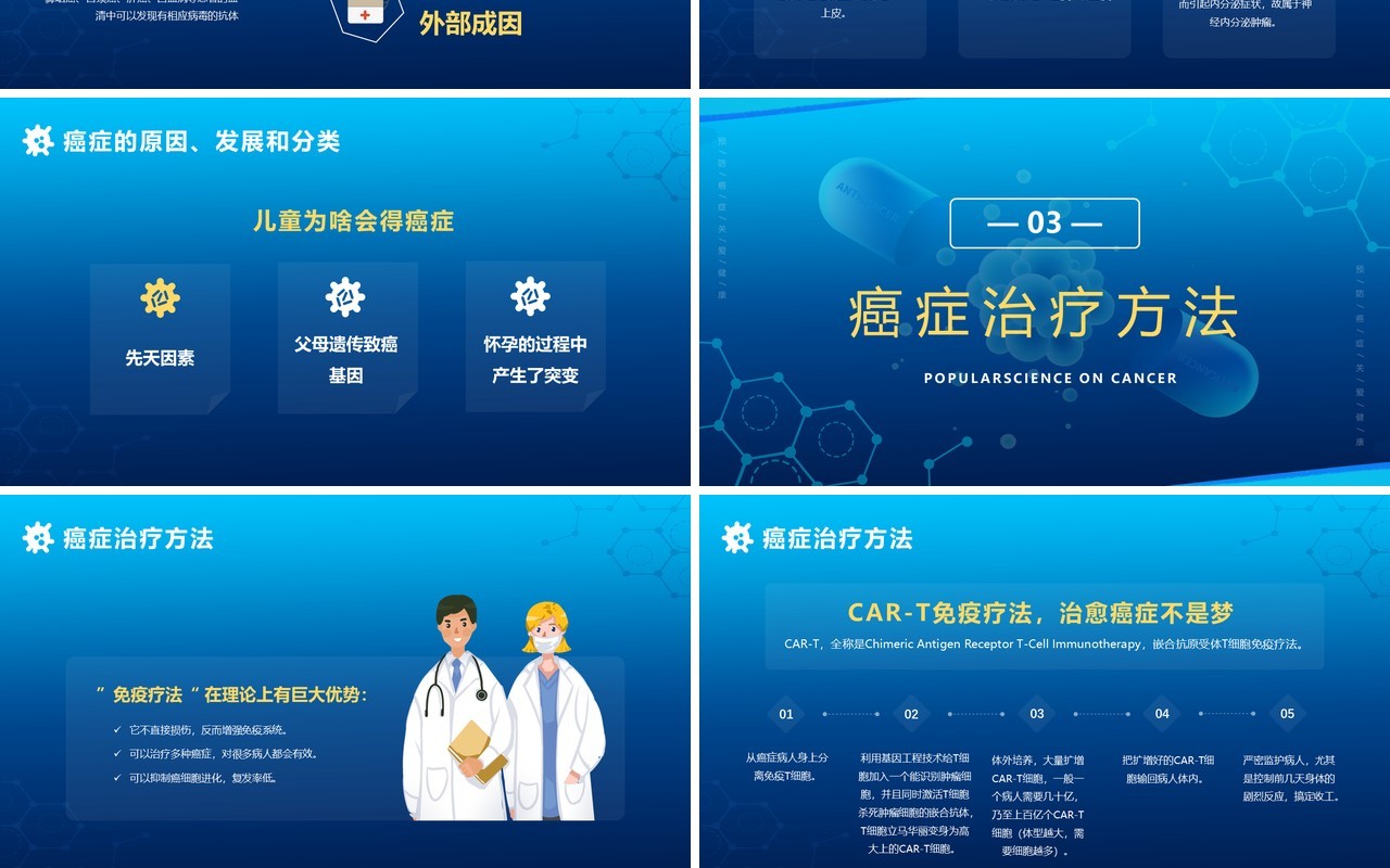 蓝色简约卡通关于癌症的科普PPT模版