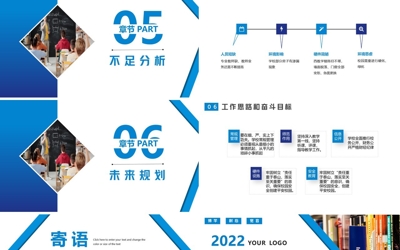蓝色简约商务学校校长述职报告PPT模板