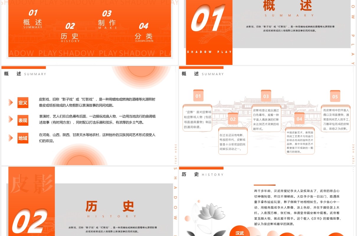 橘色渐变简约风皮影戏介绍PPT模板