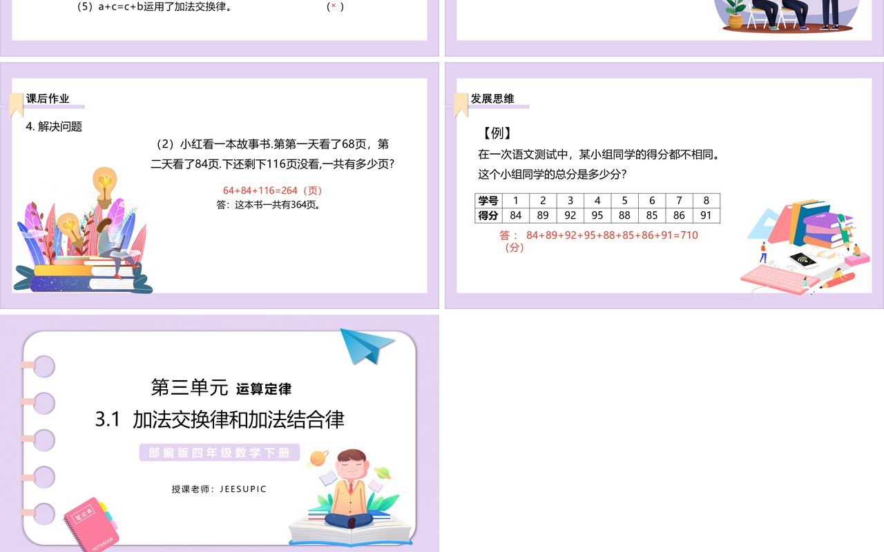 部编版四年级数学下册加法交换律和加法结合律课件PPT模板