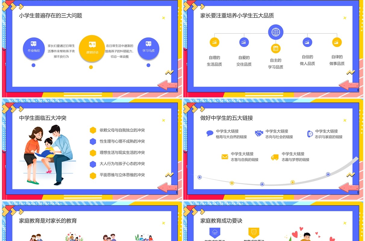 蓝色孟菲斯感恩父母教育班会PPT模板
