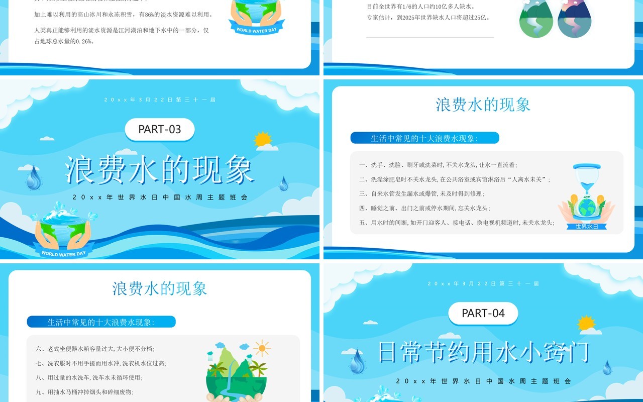 蓝色卡通风世界水日中国水周PPT模板